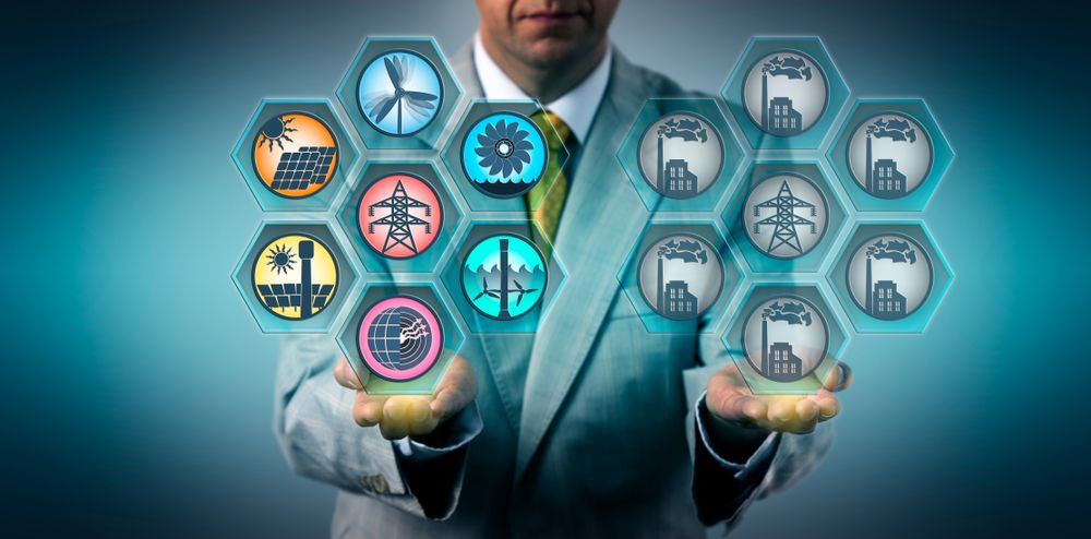 Renewable energy mix supplanting coal fired power plants for electricity generation. Industry concept for energy transition, sustainable development, environmental policy, ecology